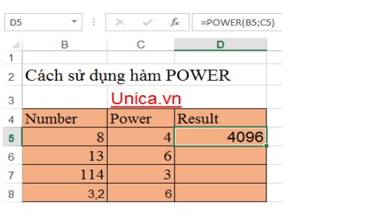 Hàm lũy thừa và cách sử dụng trong Excel – Unica