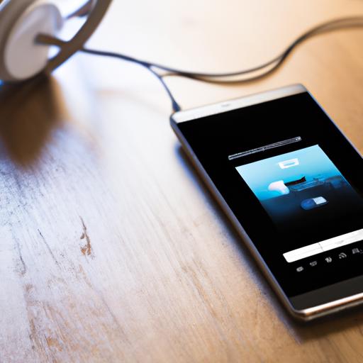 Điện thoại thông minh với ứng dụng nghe nhạc và tai nghe trên bàn.