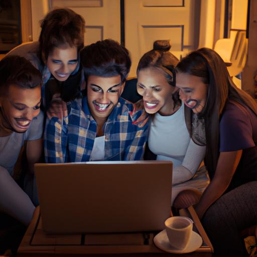 Hình với mô tả: Một nhóm bạn tụ tập quanh một chiếc laptop, cười đùa khi xem video trên Youtube.